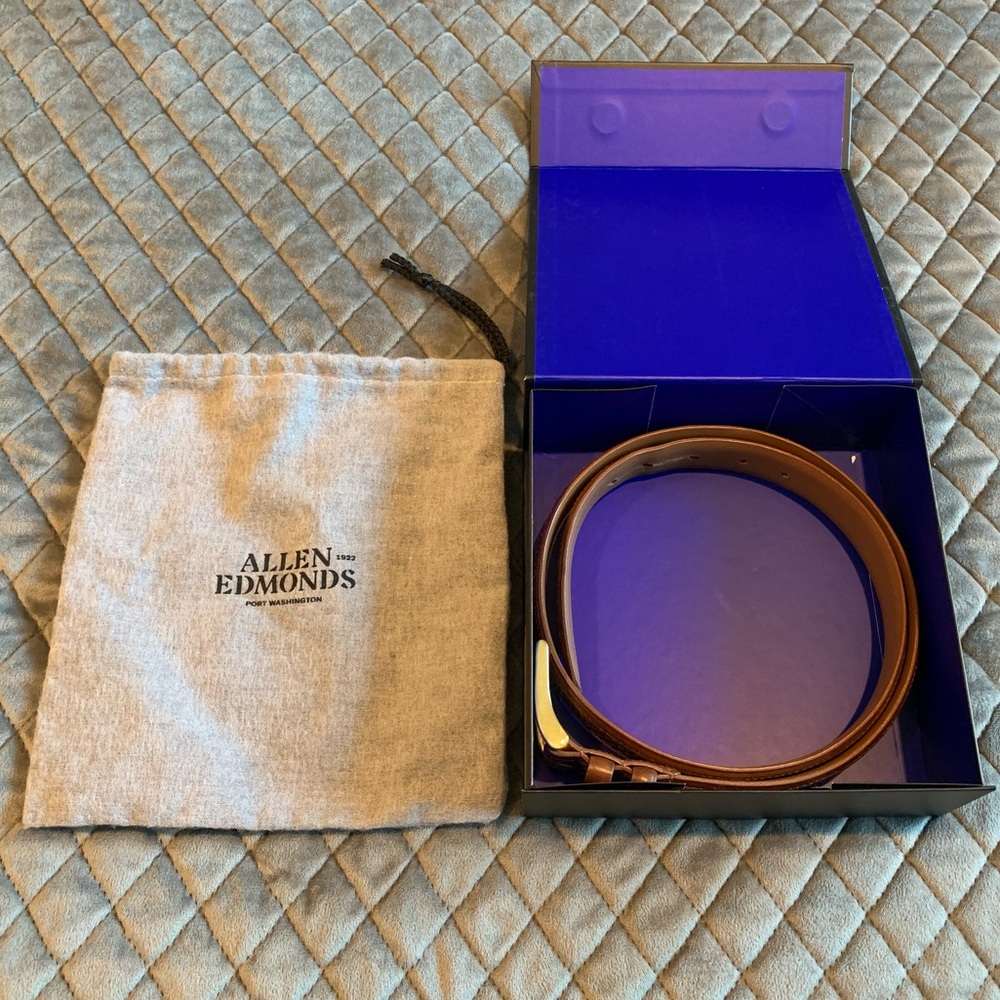 Allen Edmonds Leather Calf Skin Brown Belt with gift bag and gift box, size 36”